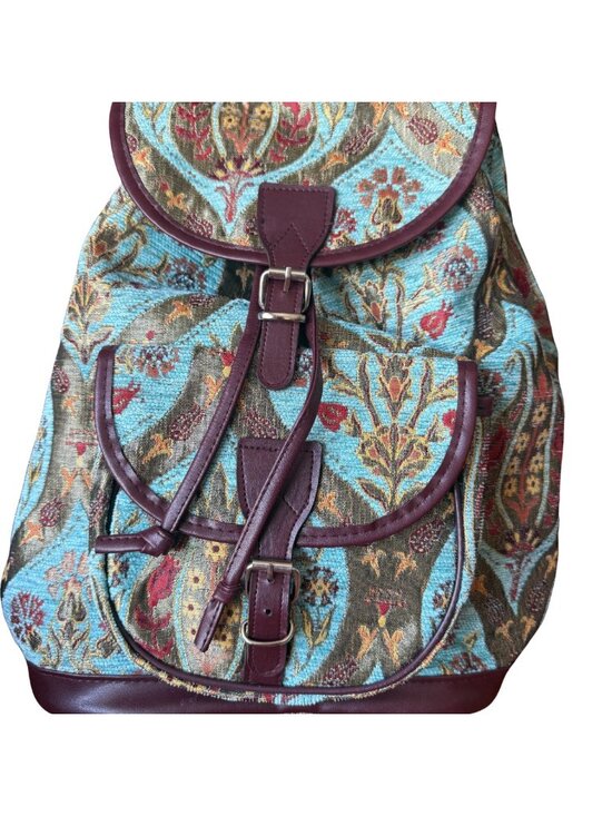 Turkish Kilim Tapestry Backpack Teal Floral Burgundy Leather Trim Boho New